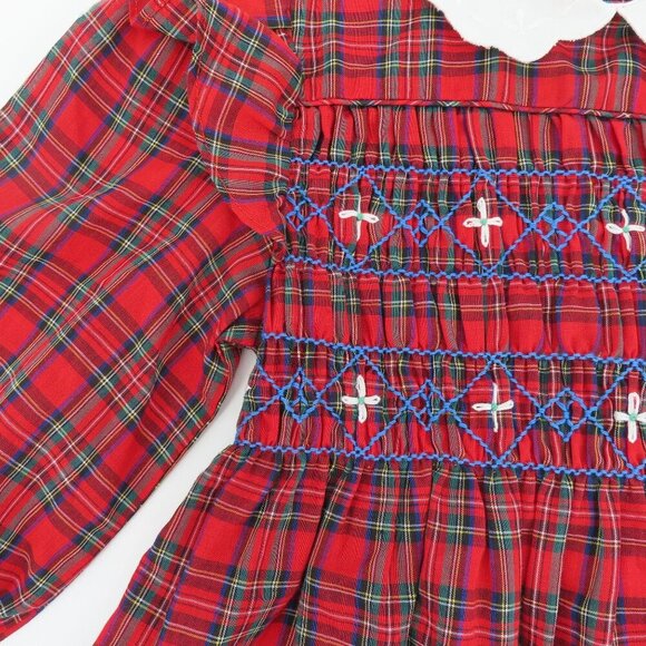 VTG Happy Kids Girls 5 Red Plaid Tartan Check White Collar Smocked Dress Holiday - Picture 4 of 13